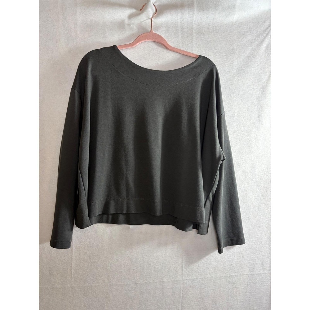 Bryn Walker Womens Small Dark Olive Grey Boxy Boat Neck Top soft elevated basic - Picture 9 of 11